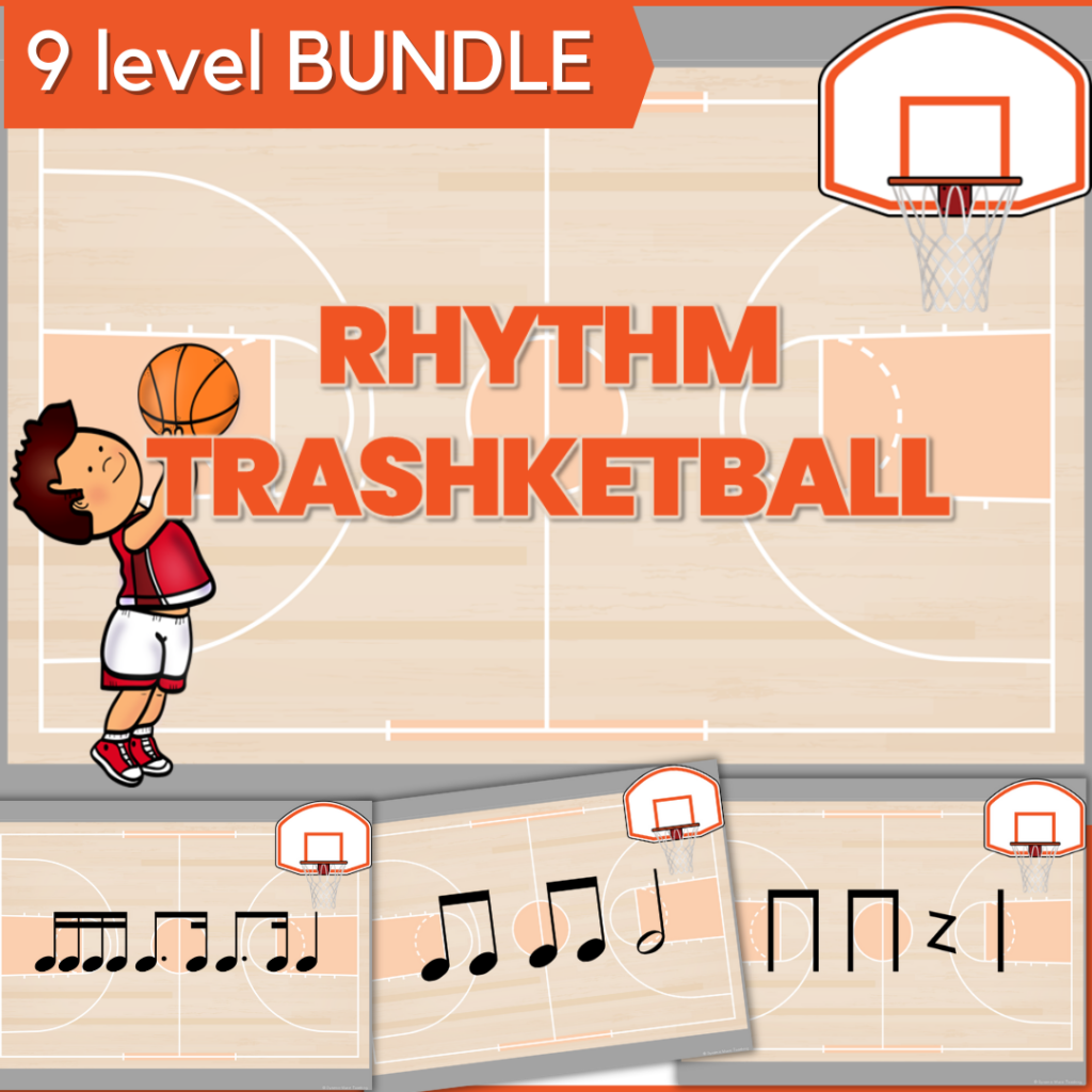 Rhythm Trashketball 9 level bundle printable music game for rhythm practice and review