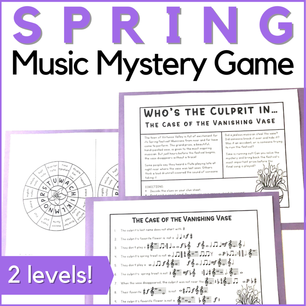 Spring Music Mystery game for middle school music lessons. Students decode musical clues to practice rhythm and note reading