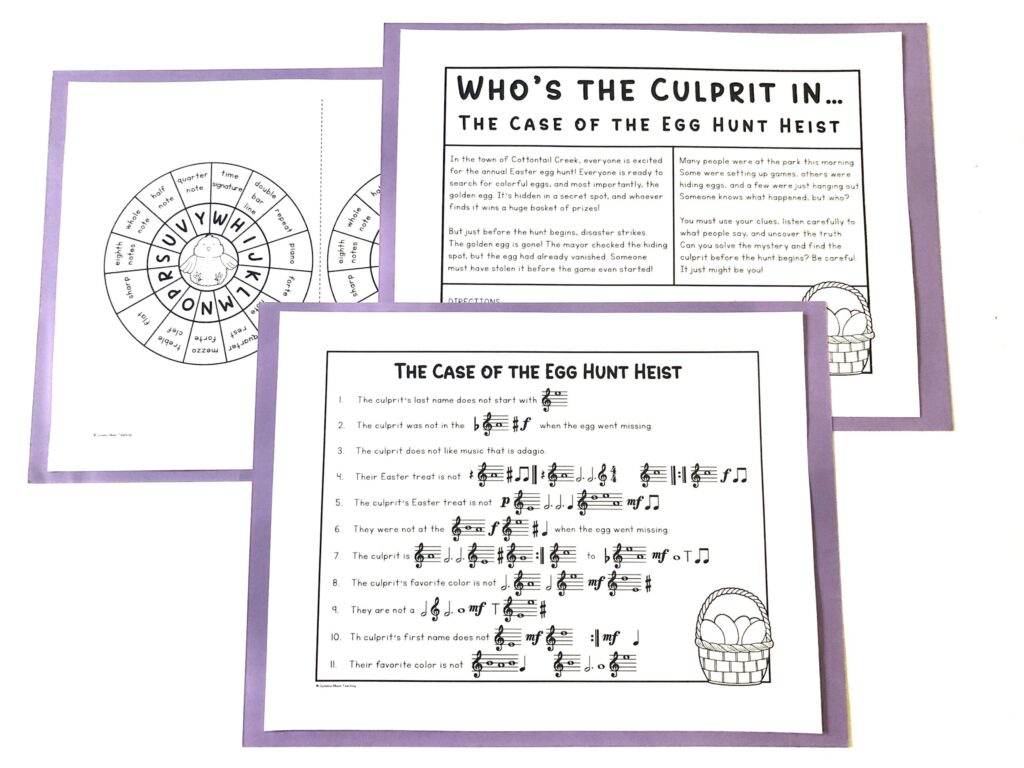 Middle School Easter music worksheets from the mystery game: Case of the Egg Hunt Heist for grades 5-9 music class.