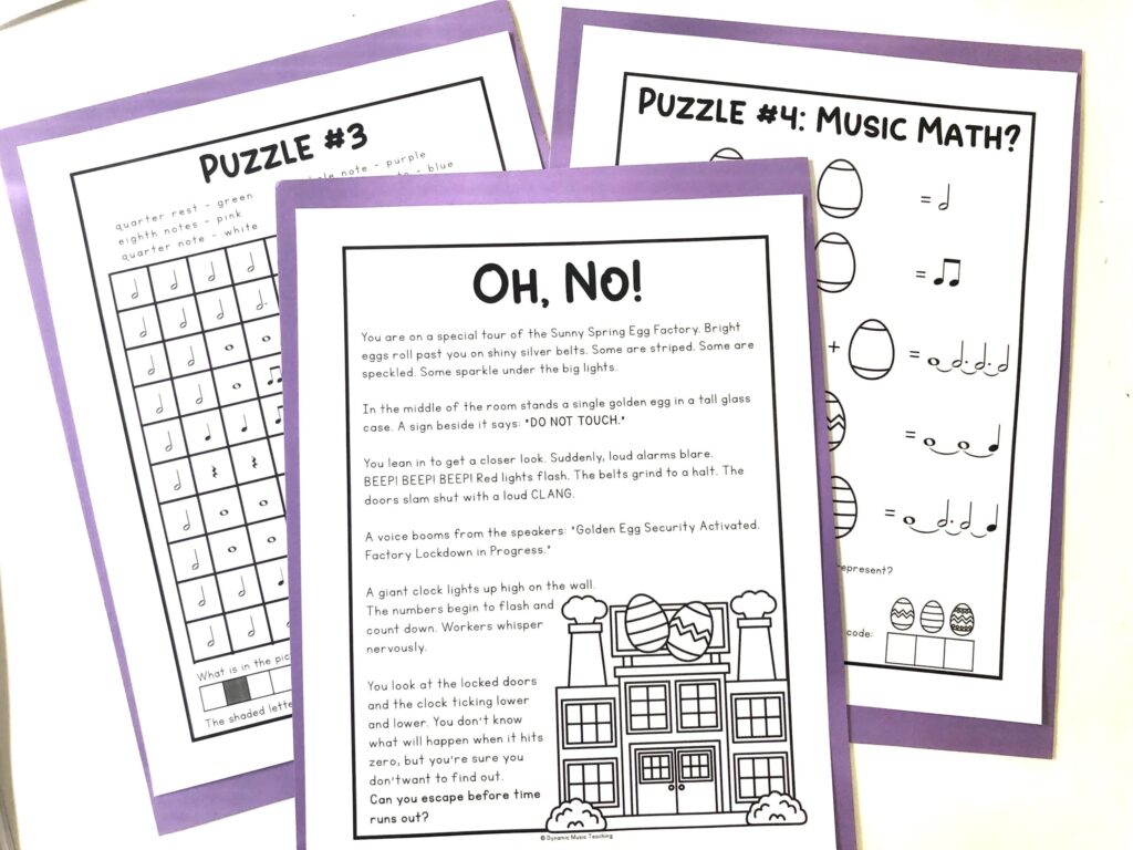 Worksheets from the printable Easter music escape room game.