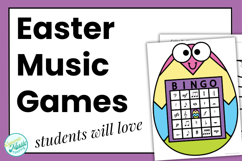 Text reads: Easter music games students will love with an image of an Easter music bingo card