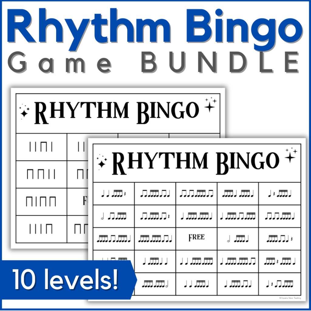 Rhythm bingo game bundle - printable music bingo game in 10 levels