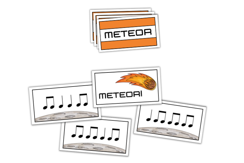 picture of the rhythm card game for ta and ti-ti called METEOR!