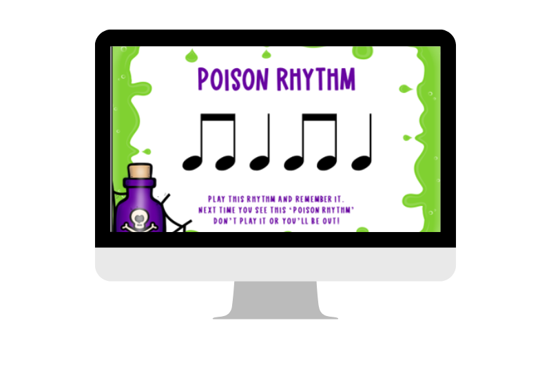 Slide from the poison rhythm game with eighth note and quarter note rhythms on it.