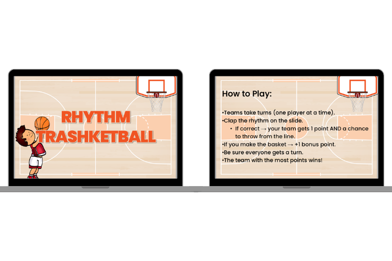 Slides from the rhythm trashketball game showing a boy throwing a basketball and the instructions for the music class game.