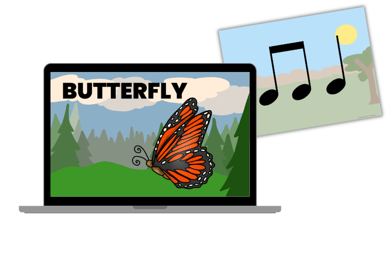 Rhythm 4 corners game for quarter and eighth notes, ta and ti-ti. Slide of a butterfly matched to the rhtyhm: ti-ti, ta