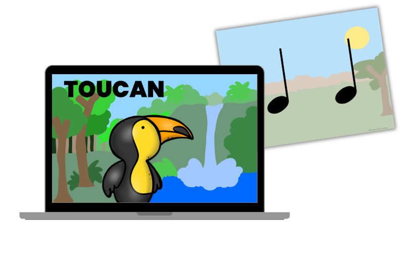 Images from the rhythm 4 corners game -  of toucan slide and rhythm card of 2 quarter notes.