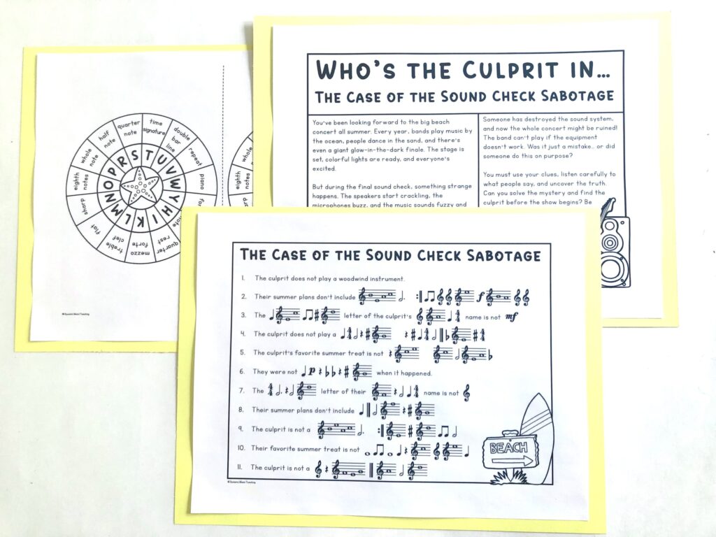 Printable pages from the summer music mystery game 'The Case of the Sound Check Sabotage'