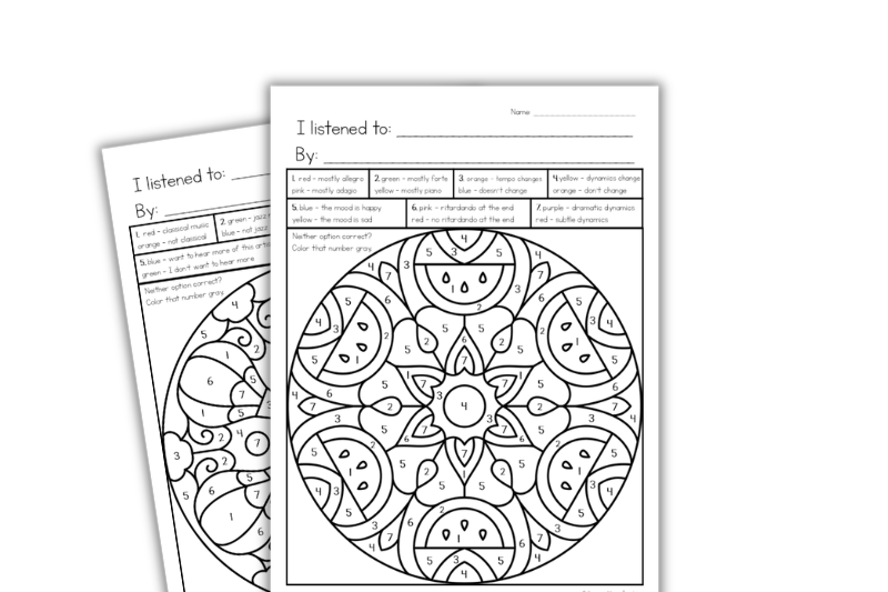 Image is of printable music listening glyph worksheets