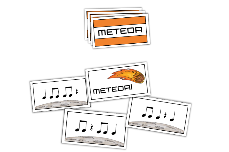Image if of printable cards from the elementary music centers game METEOR!