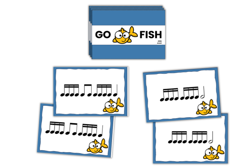 Image is of printable rhythm cards from the music go fish game with sixteenth note rhythms.