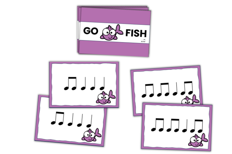 Image of printable game cards from the music go fish game for quarter note and eighth notes. 