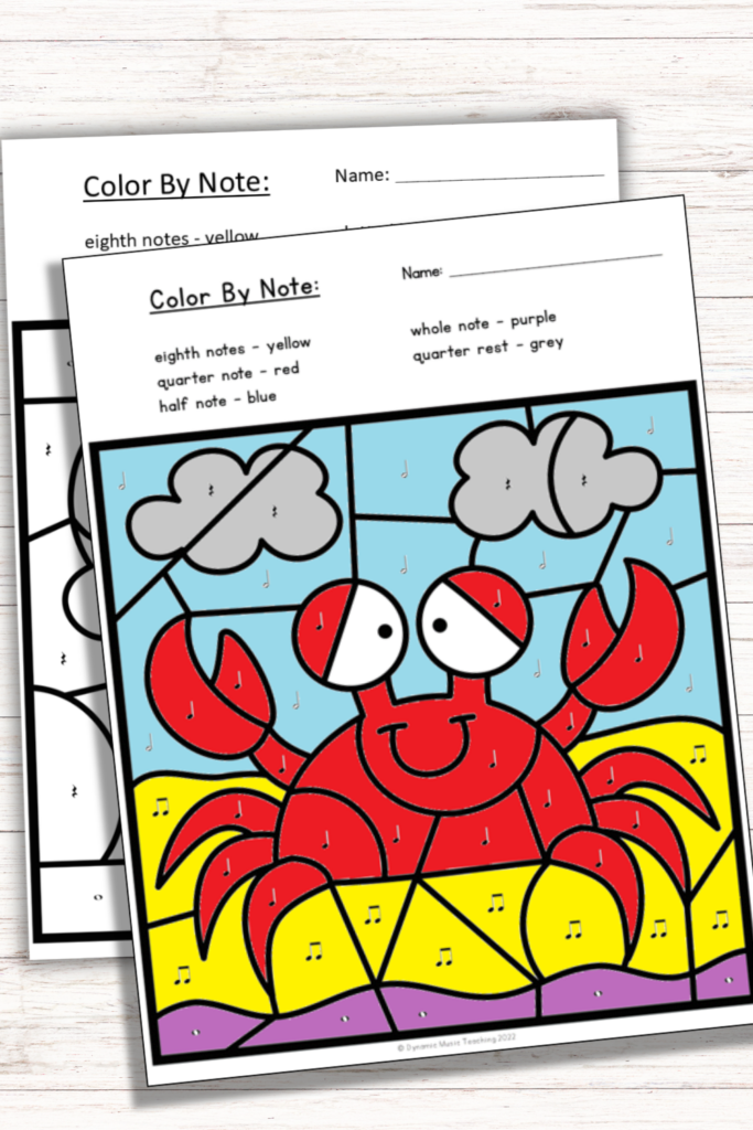 Images of color-by-rhythm worksheets for music class - the worksheet has a picture of a crab at the beach.