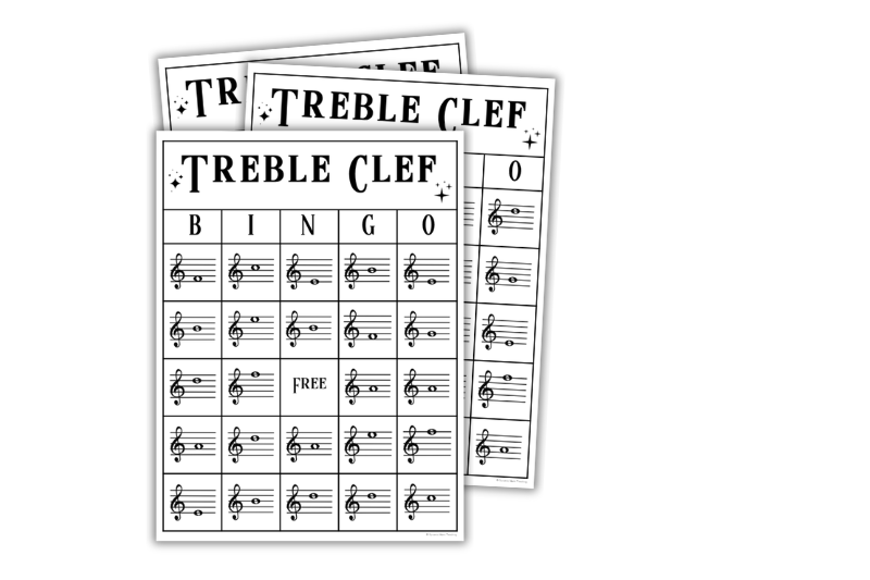 Image of 3 printable treble clef bingo cards - a fun end of the year music game.