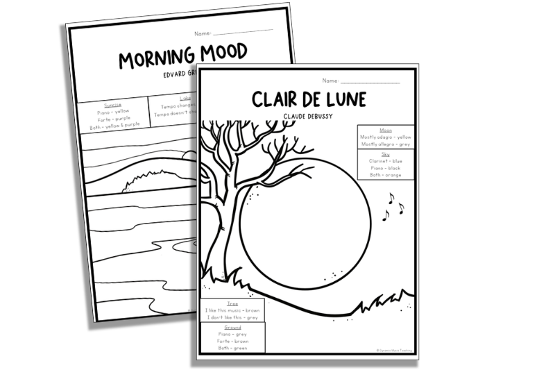 elementary music listening worksheets for Clair de Lune and Morning Mood