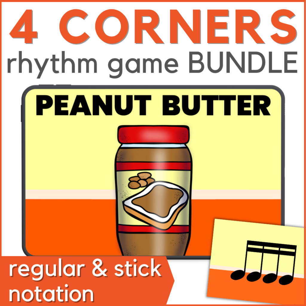 4 Corners rhythm game bundle - regular & stick notation. Image is of slides from the music class game.