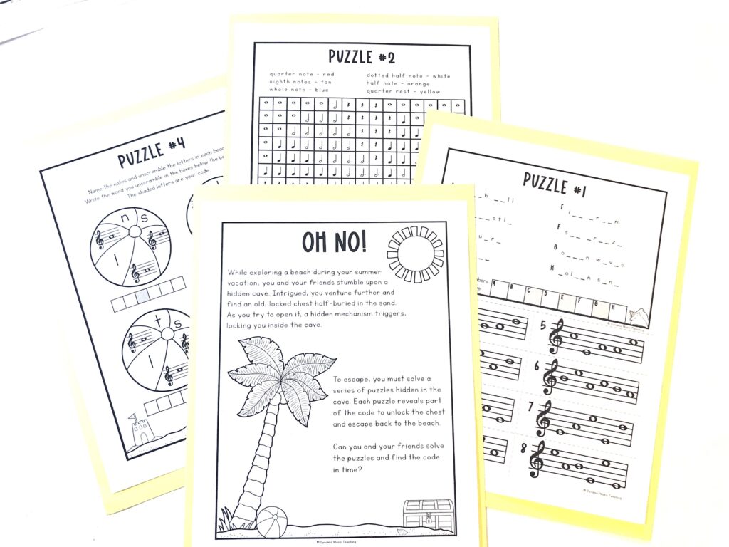 image of printable summer music escape room worksheets